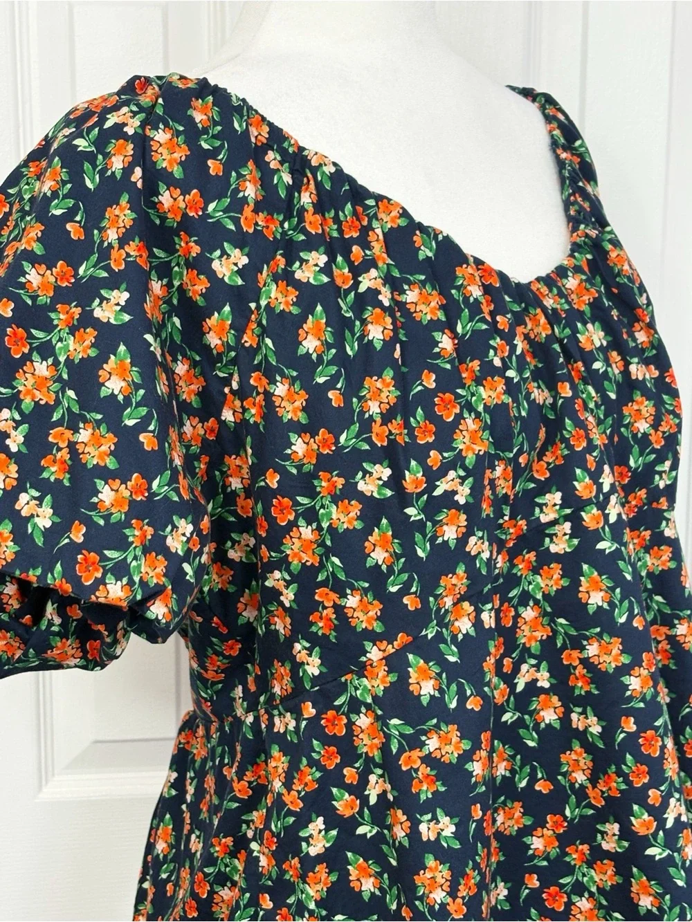 Old Navy Navy Blue & Orange Floral Print Puff Sleeve Smocked Trapeze Top XL
